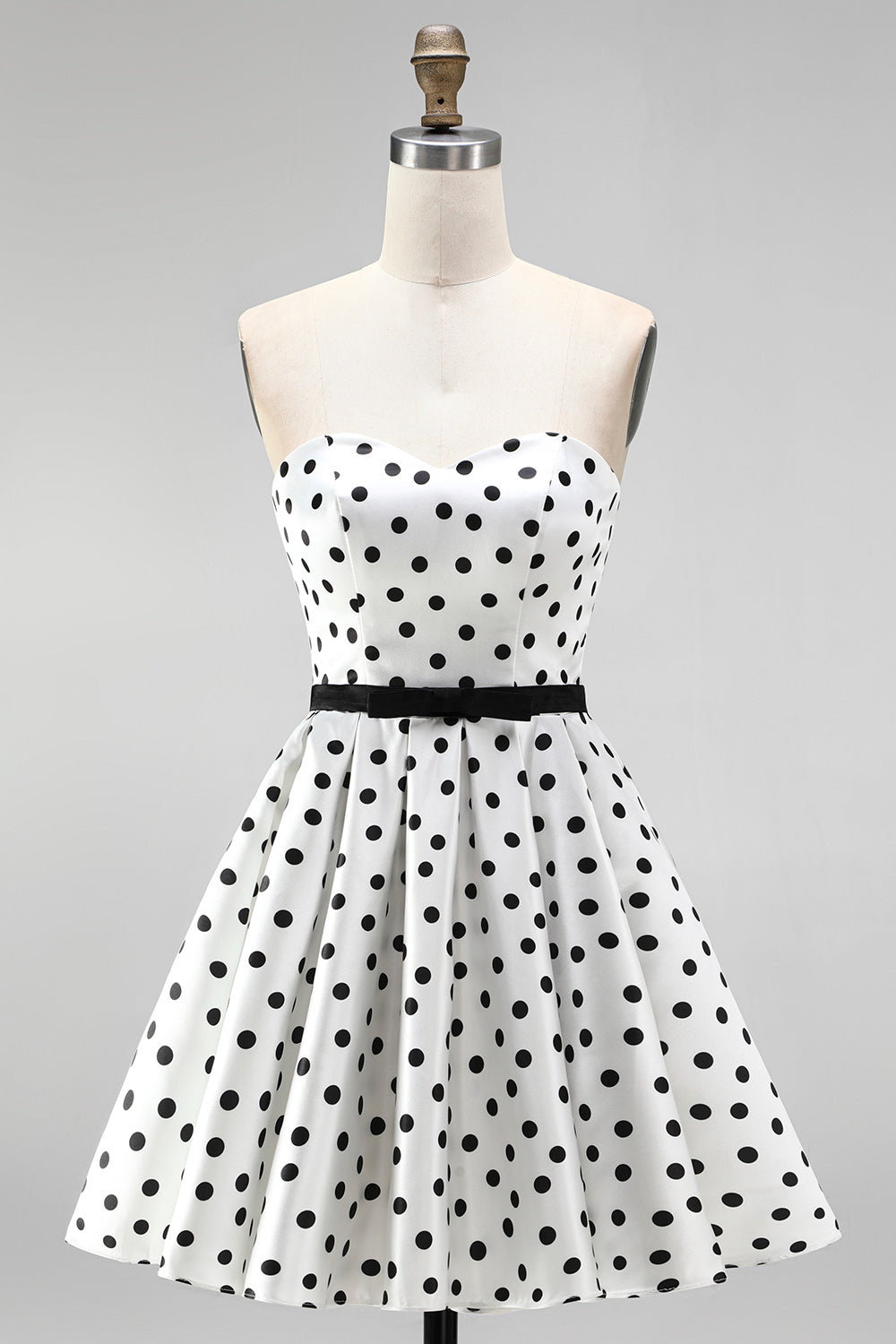 White A-Line Strapless Polka Dots Short Homecoming Dress with Belt