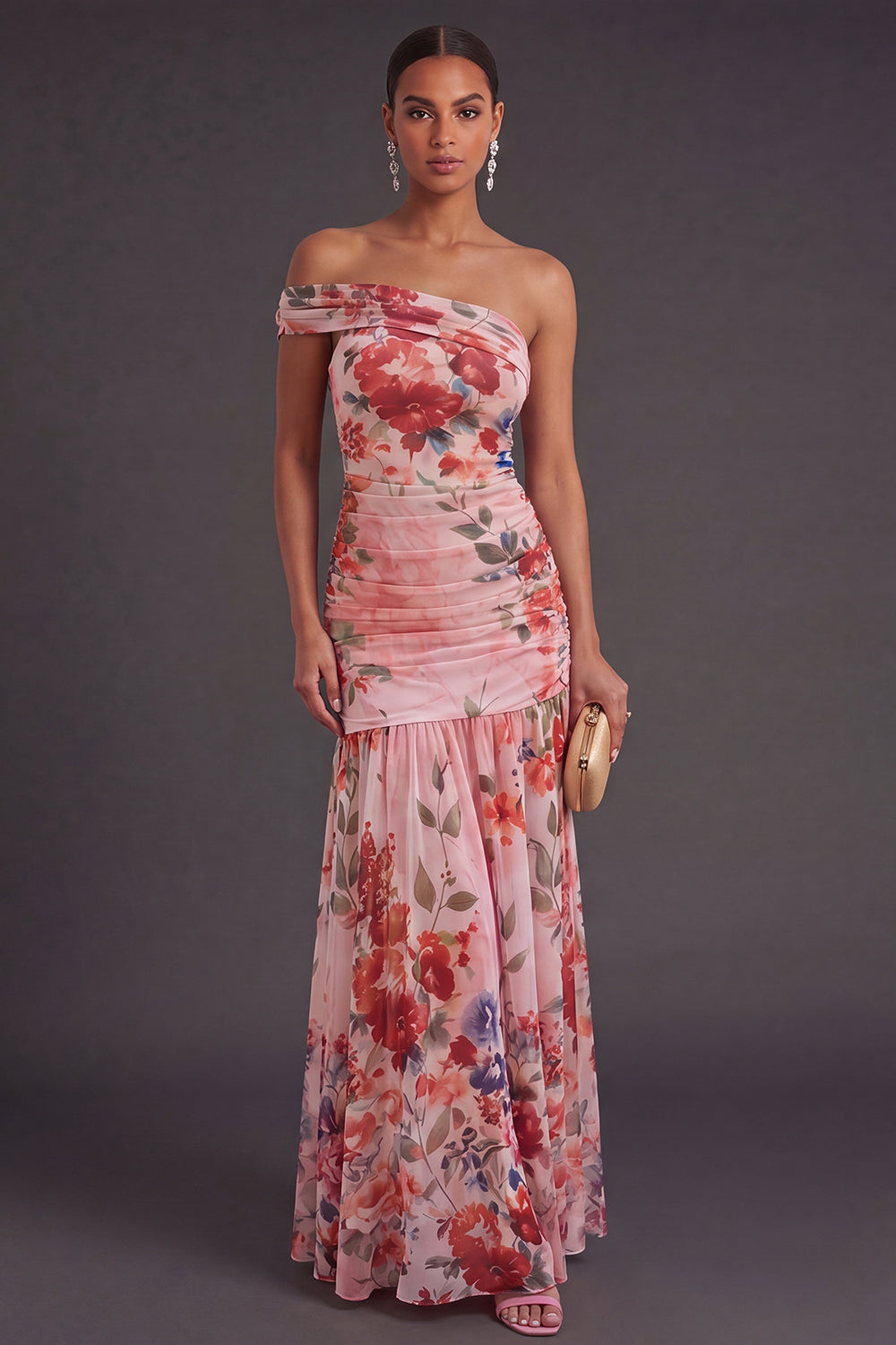 Pink Red Floral Long One Shoulder Sheath Wedding Guest Dress