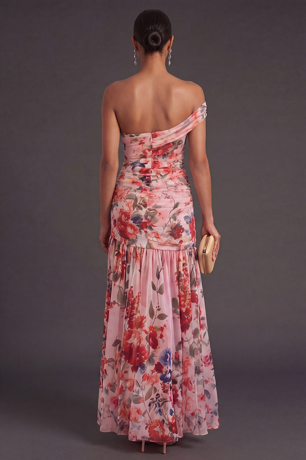 Pink Red Floral Long One Shoulder Sheath Wedding Guest Dress