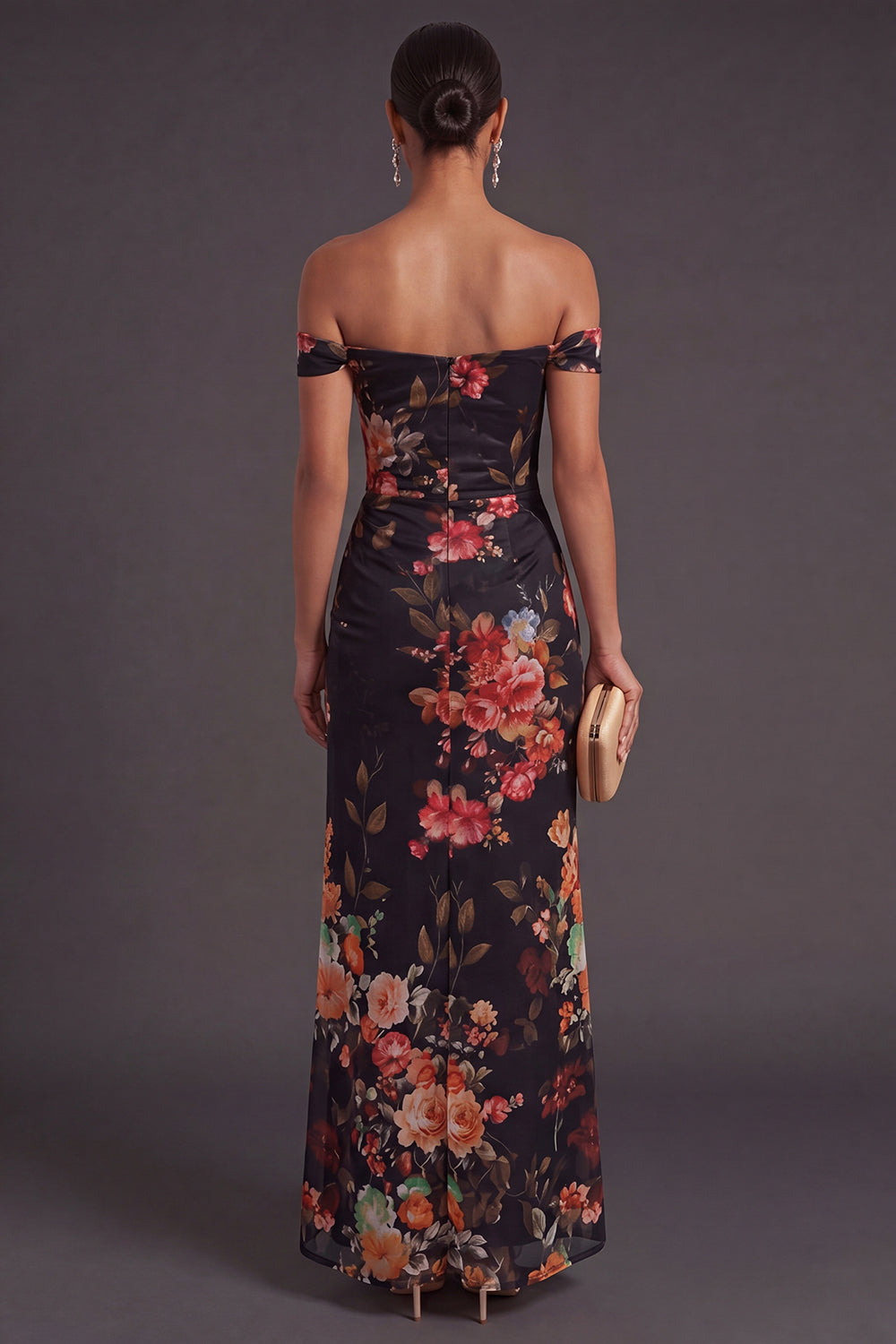 Black Red Floral Long Off the Shoulder Sheath Wedding Guest Dress with Slit
