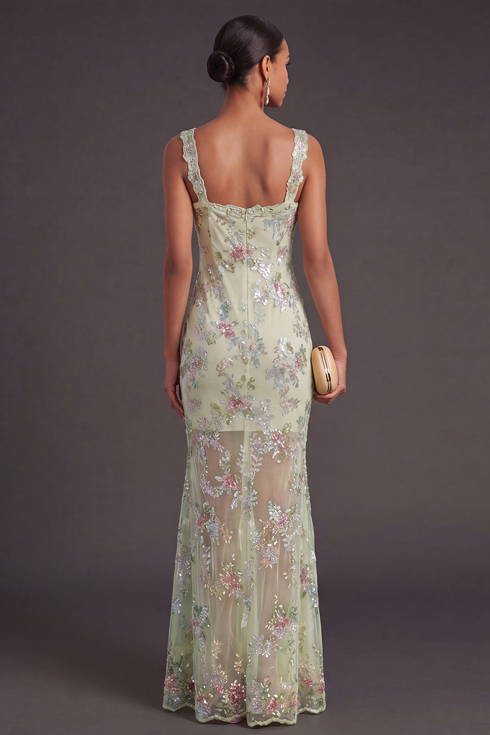 Green Sparkly Sequin Floral Thick Straps Mermaid Long Wedding Guest Dress