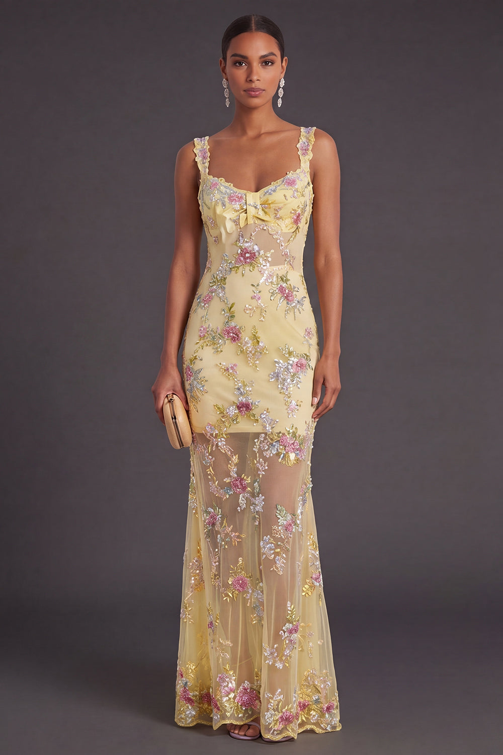 Green Sparkly Sequin Floral Thick Straps Mermaid Long Wedding Guest Dress