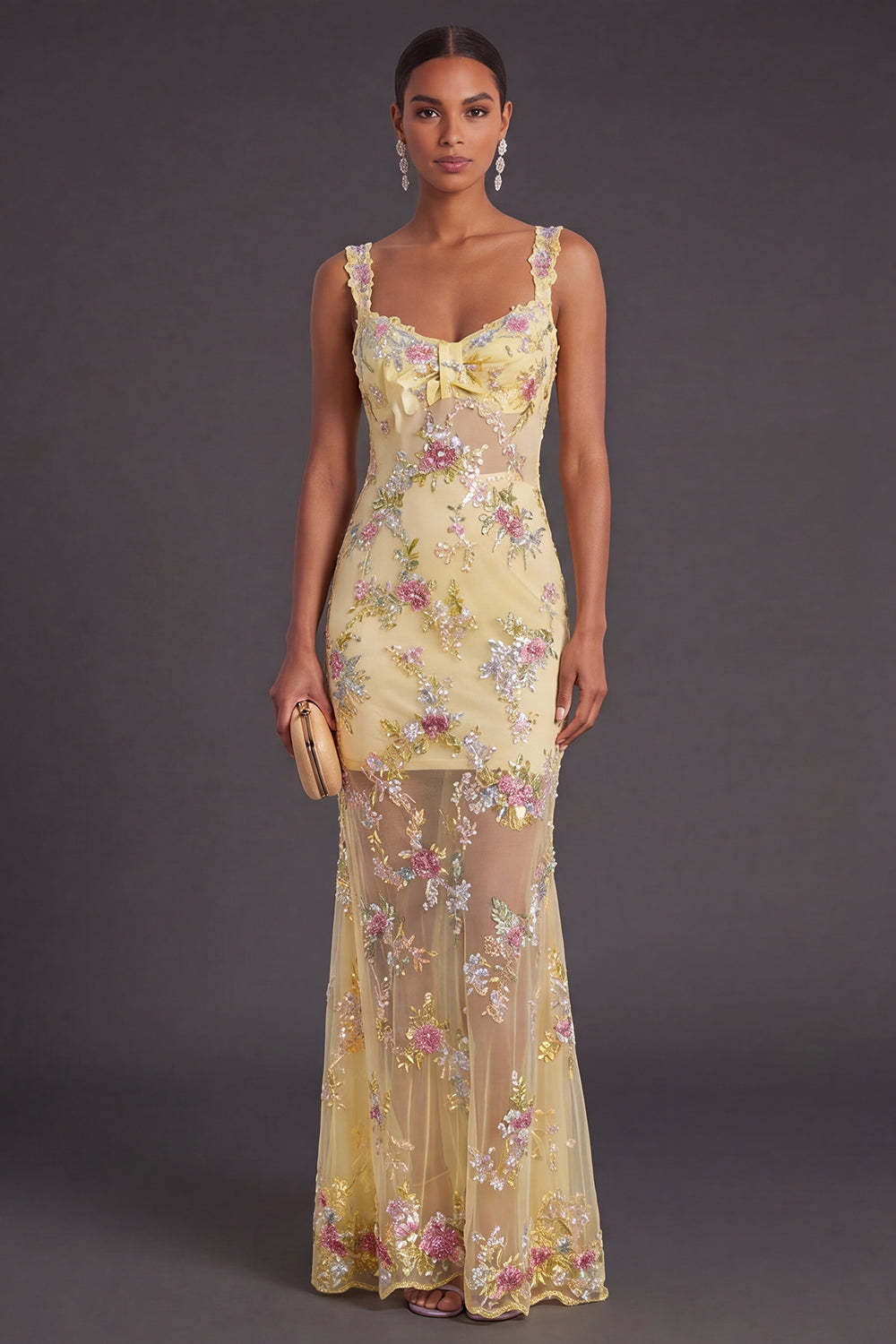 Green Sparkly Sequin Floral Thick Straps Mermaid Long Wedding Guest Dress