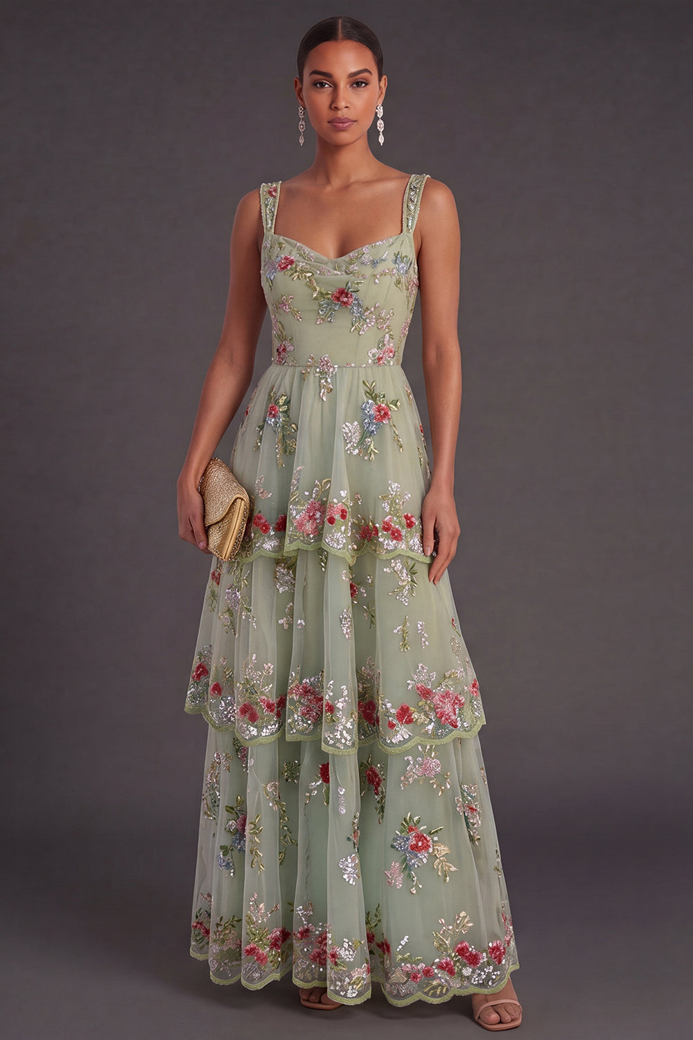 Green Sparkly Floral Sequin Thick Straps A Line Long Wedding Guest Dress with Ruffles
