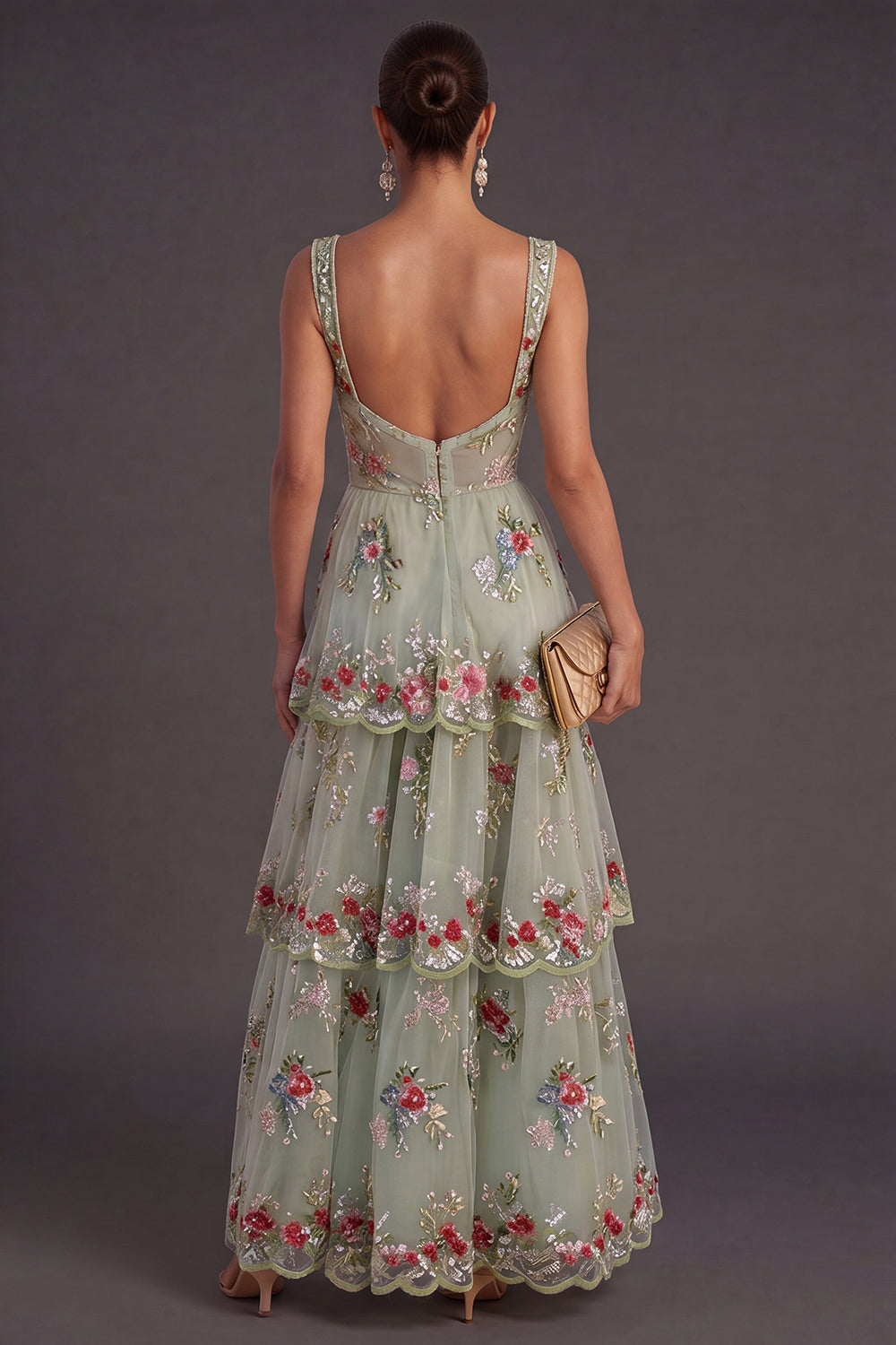 Green Sparkly Floral Sequin Thick Straps A Line Long Wedding Guest Dress with Ruffles