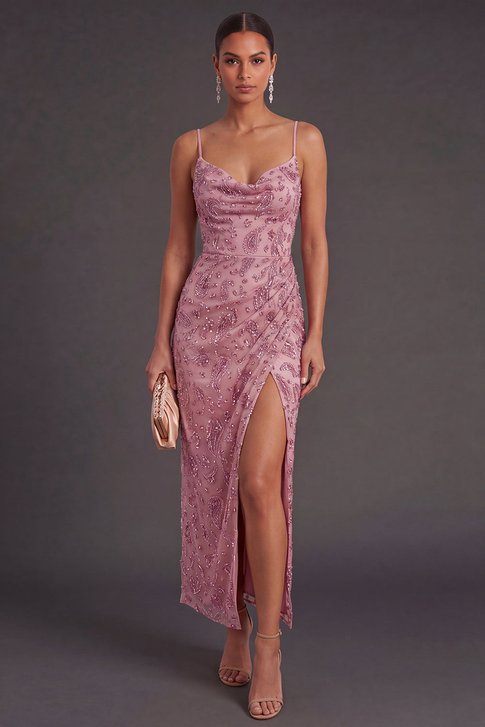 Dusty Rose Sparkly Sequin Spaghetti Straps Sheath Long Wedding Guest Dress with Slit