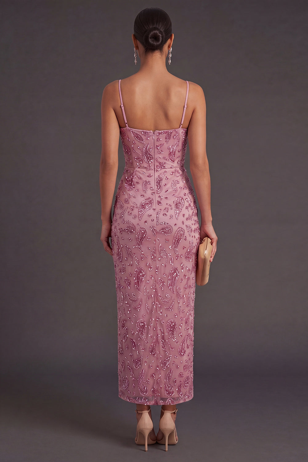 Dusty Rose Sparkly Sequin Spaghetti Straps Sheath Long Wedding Guest Dress with Slit