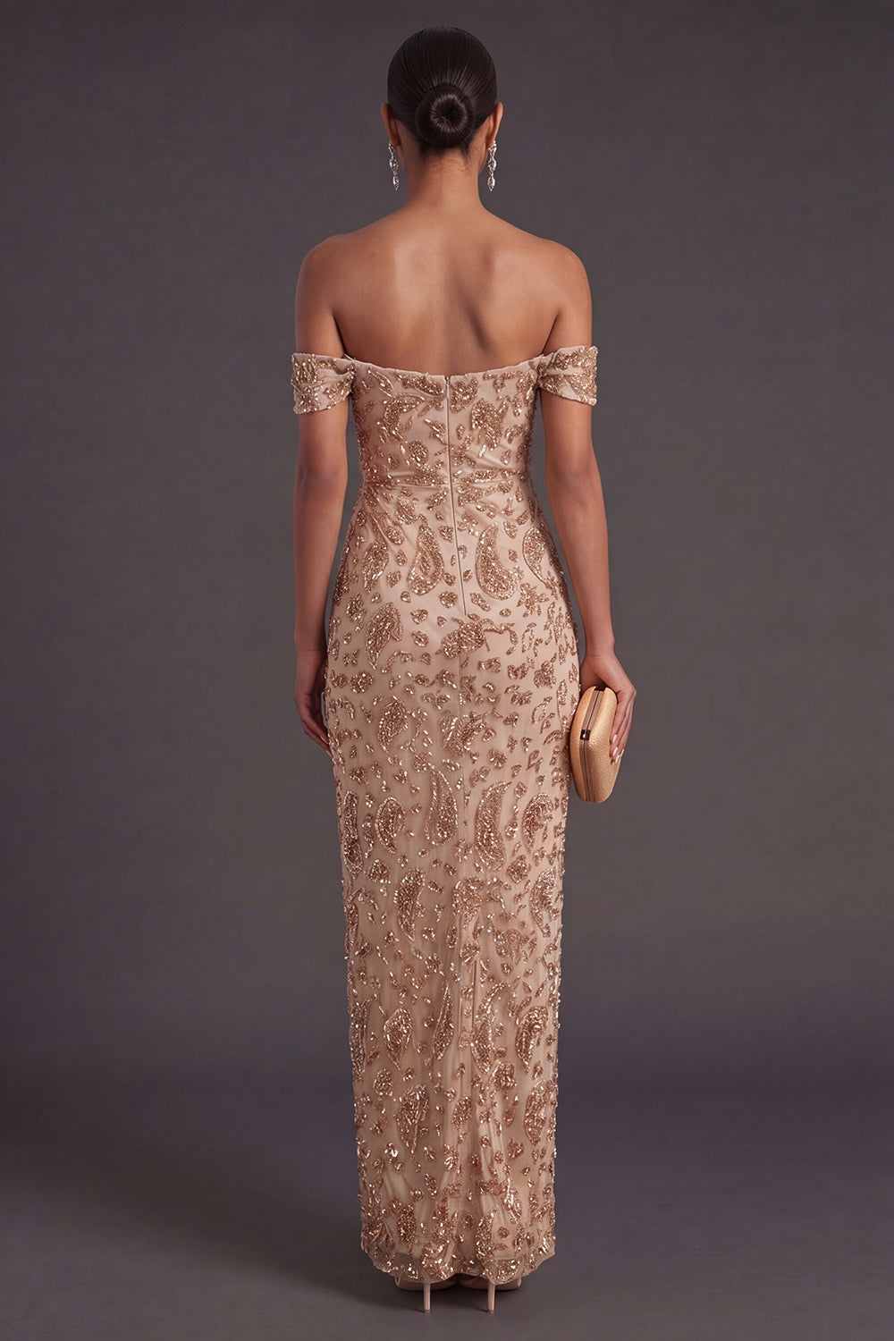 Champagne Sparkly Sequin Off the Shoulder Mermaid Long Wedding Guest Dress with Slit