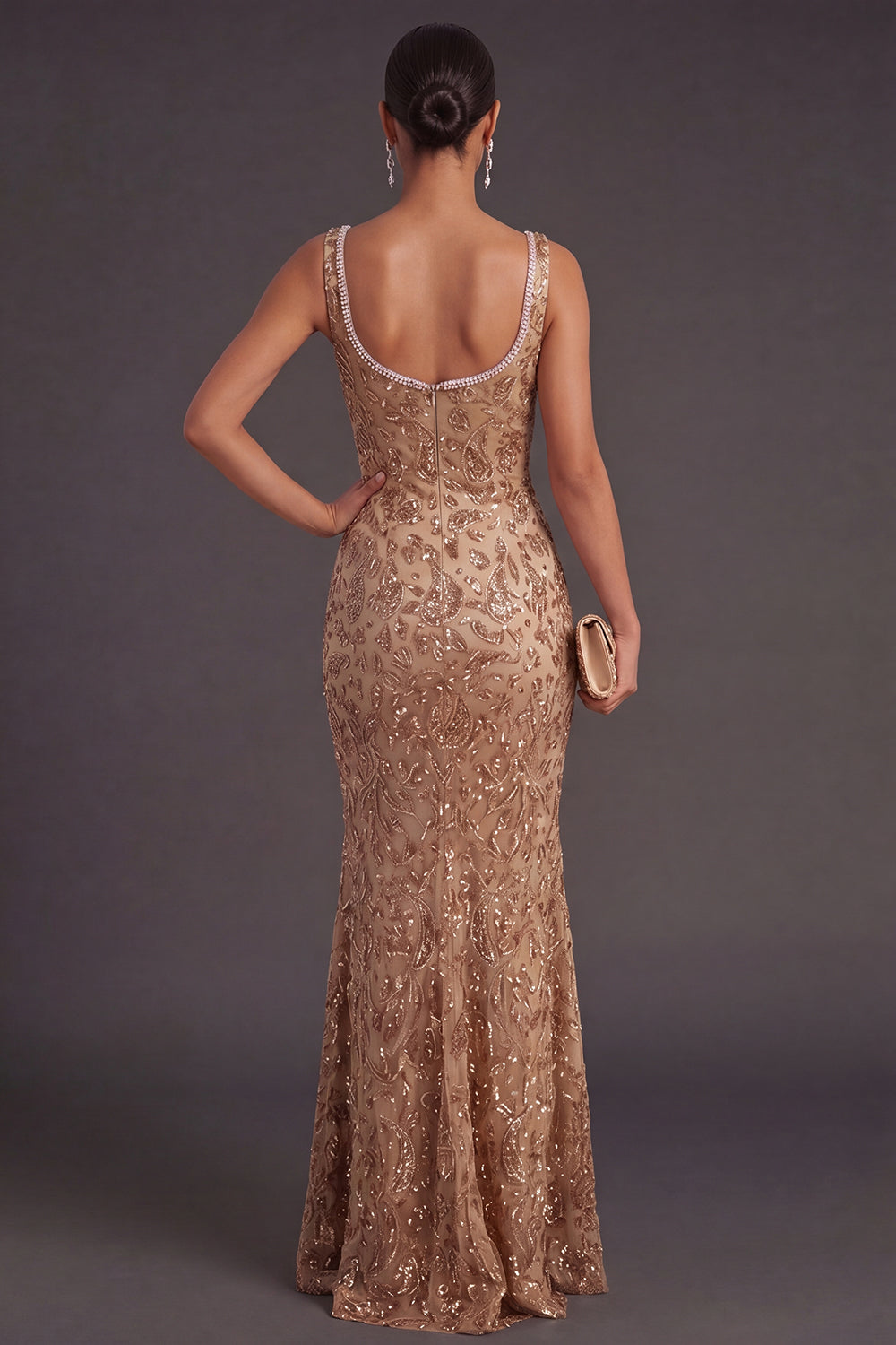 Champagne Sparkly Sequin V-Neck Mermaid Long Wedding Guest Dress with Slit