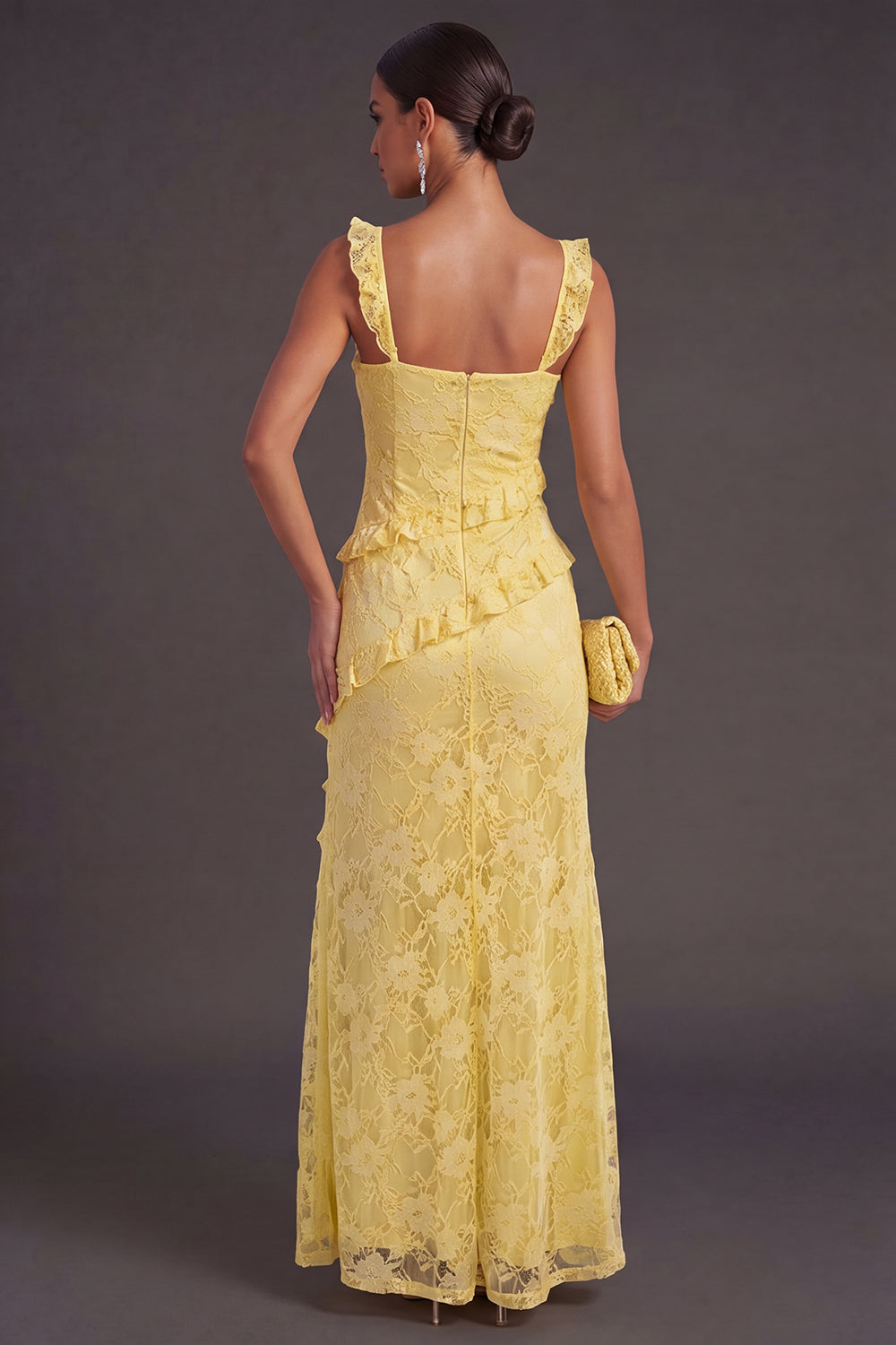 Yellow Floral Sheath Thick Straps Ruffled Long Wedding Guest Dress with Slit