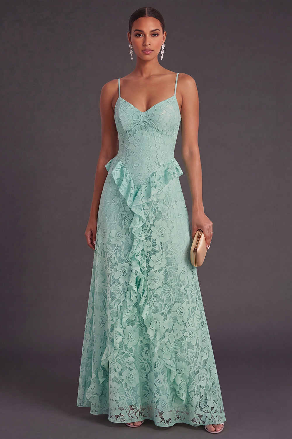 Mint Floral Spaghetti Straps A Line Ruffled Long Wedding Guest Dress