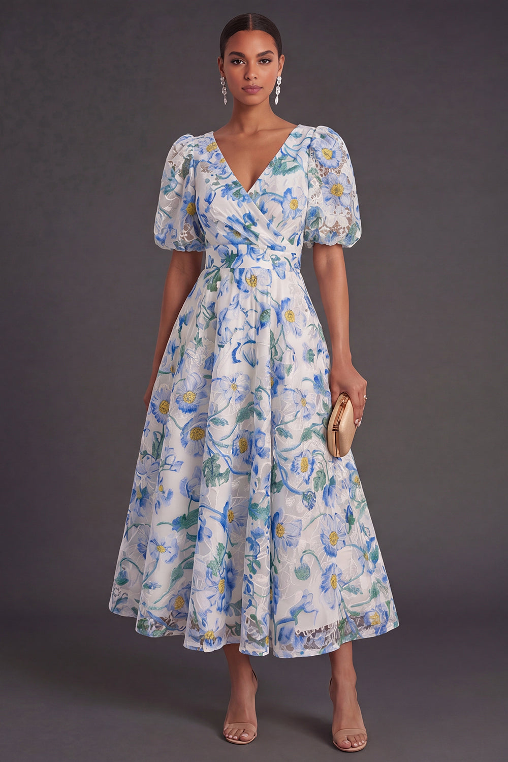 Blue Floral V-Neck A Line Long Wedding Guest Dress with Sleeves