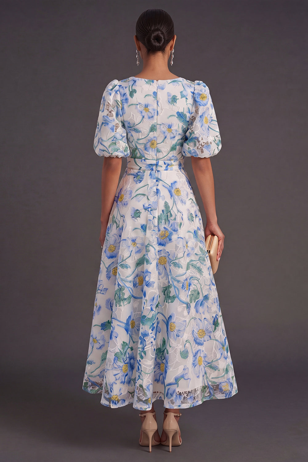 Blue Floral V-Neck A Line Long Wedding Guest Dress with Sleeves