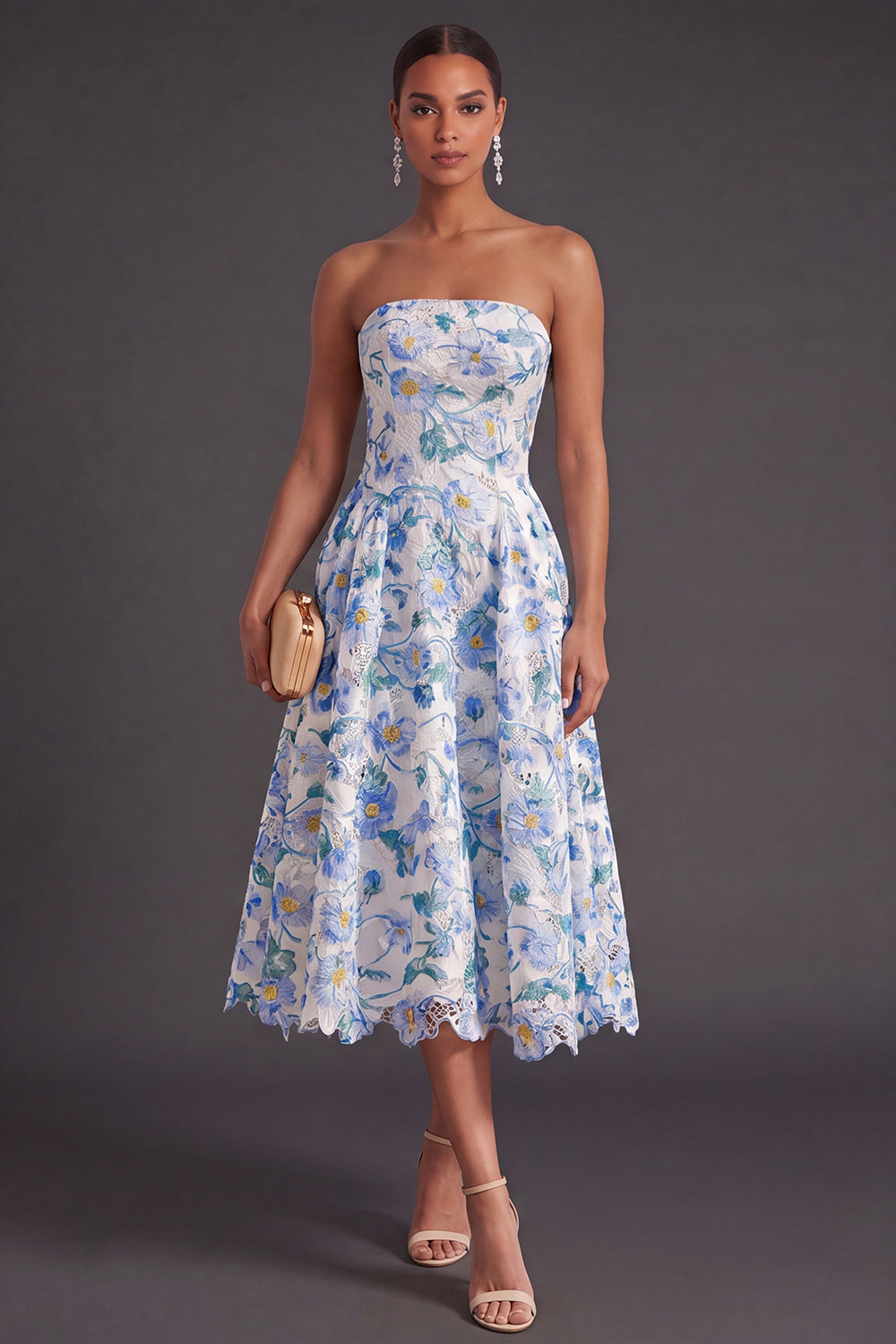 Blue Floral A Line Strapless Long Wedding Guest Dress
