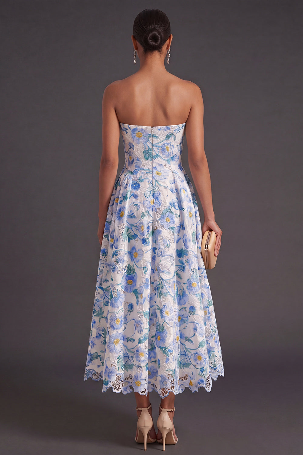 Blue Floral A Line Strapless Long Wedding Guest Dress
