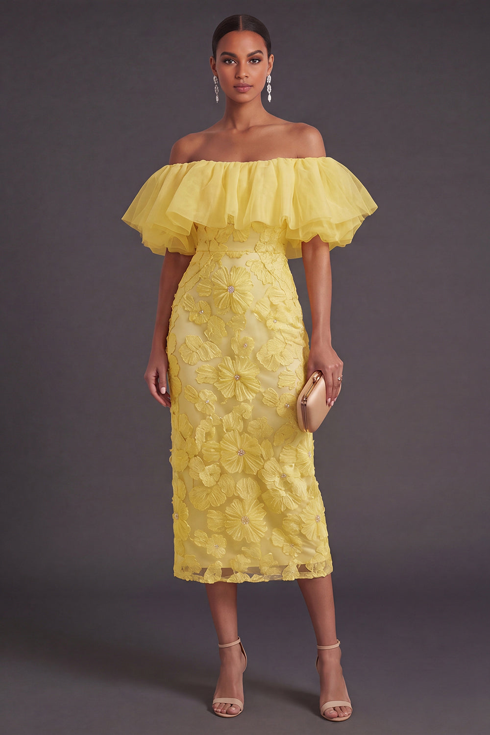 Yellow Floral Sheath Off the Shoulder Ruffled Long Wedding Guest Dress
