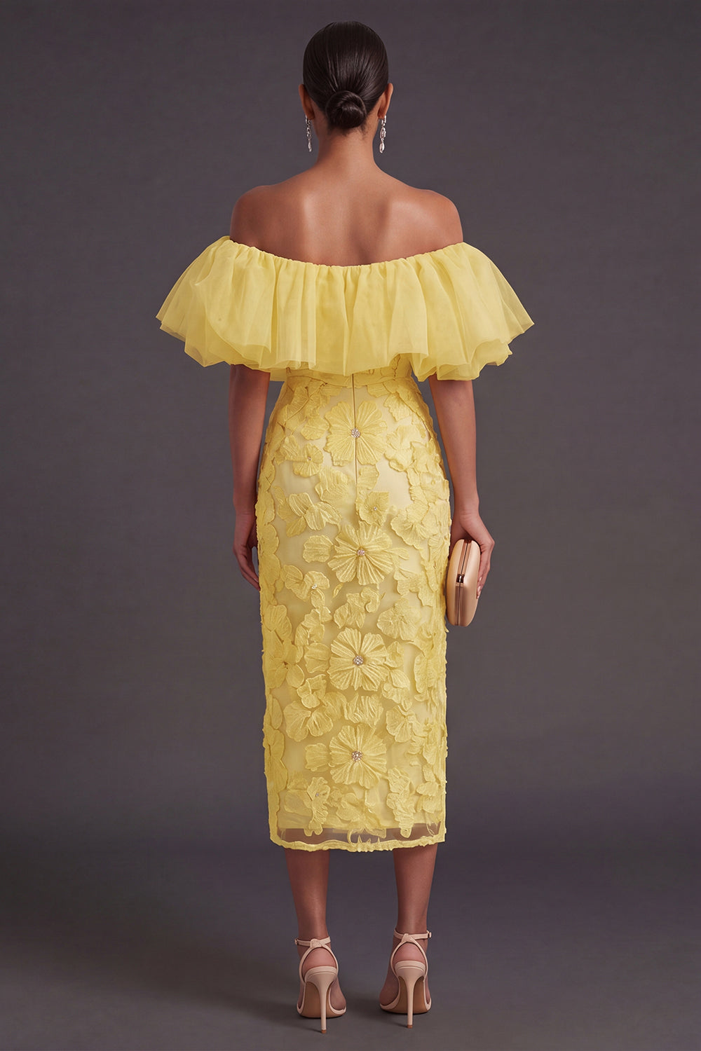 Yellow Floral Sheath Off the Shoulder Ruffled Long Wedding Guest Dress