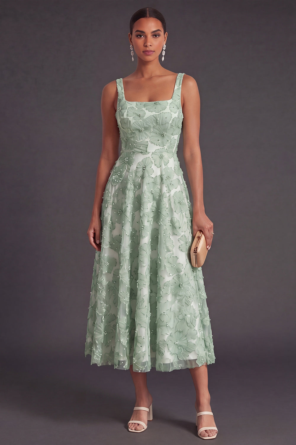 Green Sparkly Floral A Line Square Neck Long Wedding Guest Dress with Beading