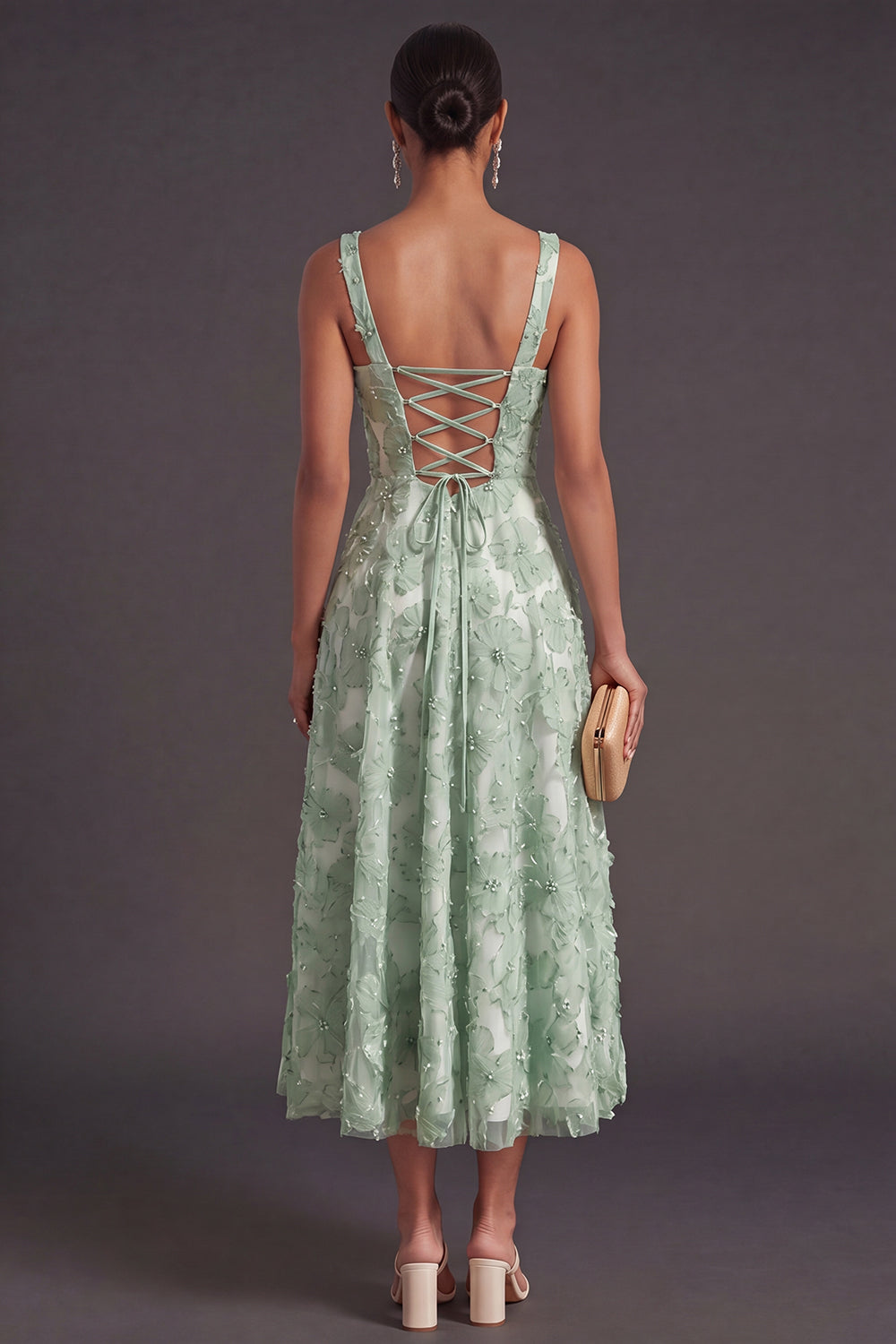 Green Sparkly Floral A Line Square Neck Long Wedding Guest Dress with Beading