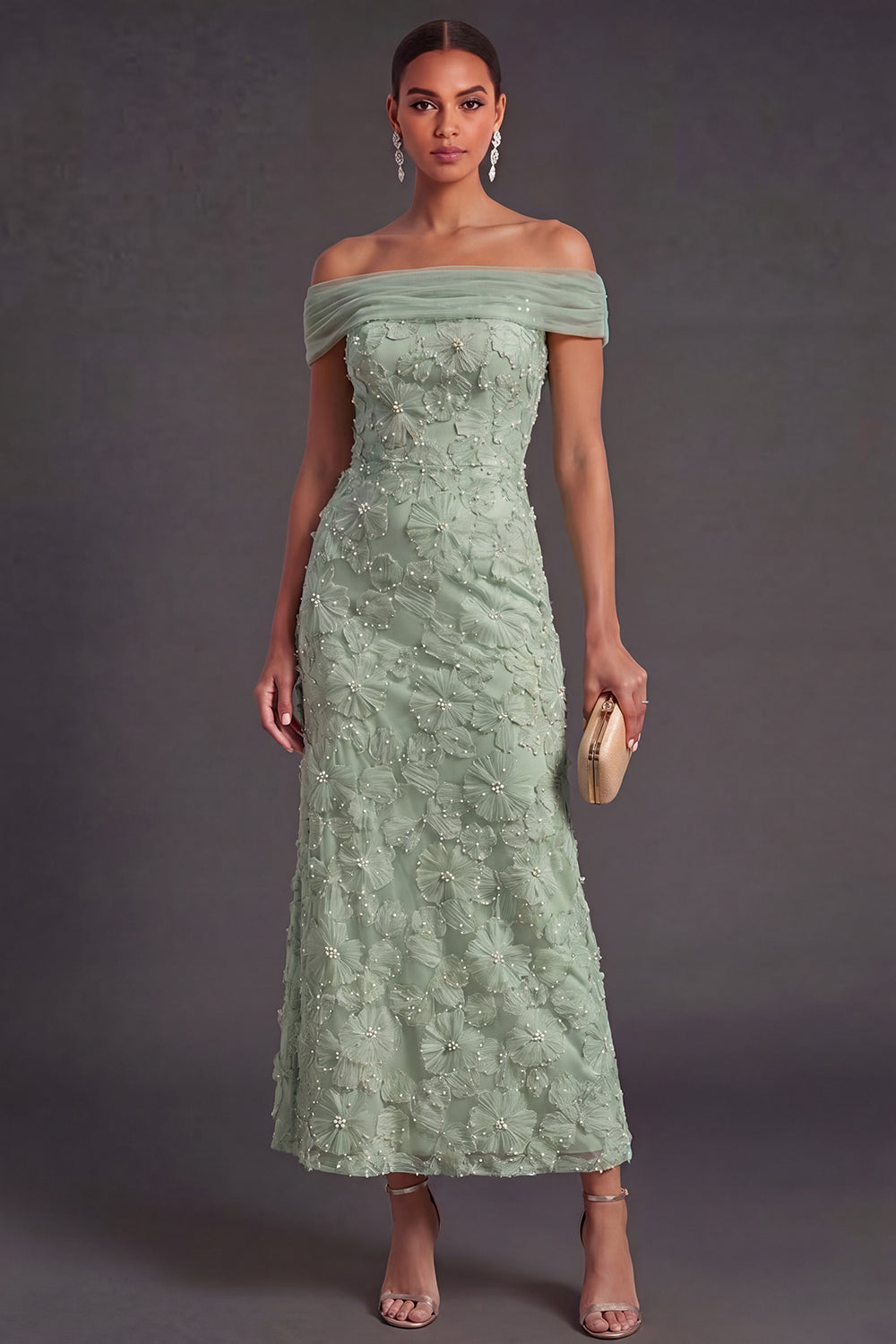 Green Sparkly Floral Off the Shoulder Mermaid Long Wedding Guest Dress with Beading