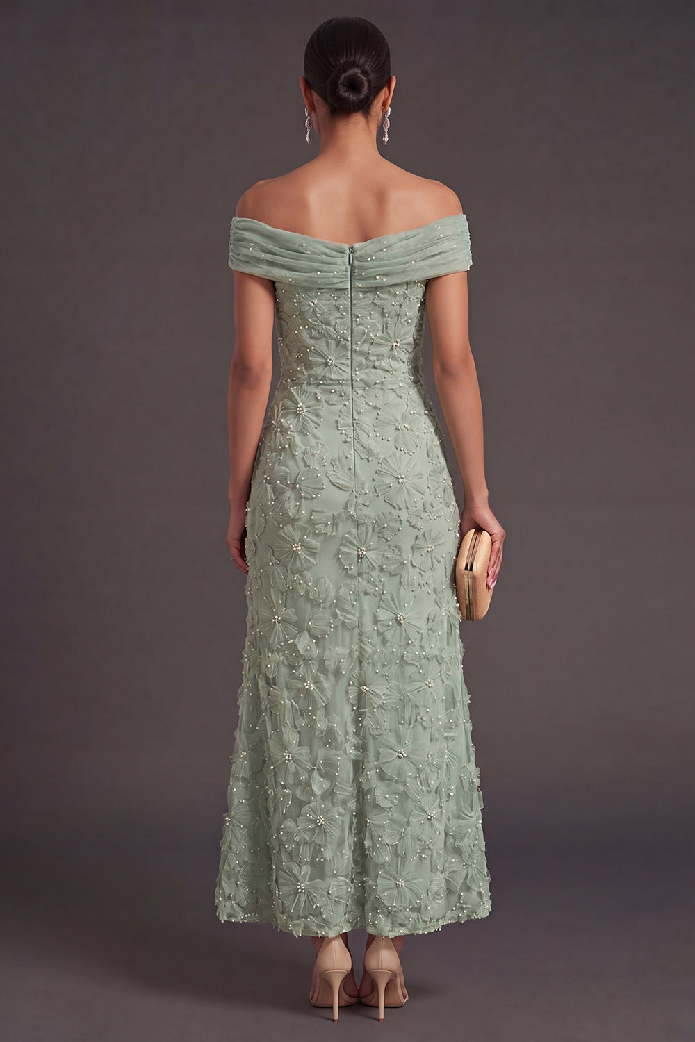 Green Sparkly Floral Off the Shoulder Mermaid Long Wedding Guest Dress with Beading