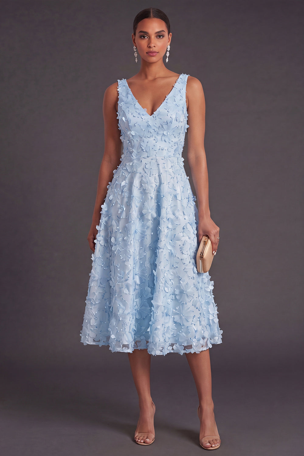 Blue Sparkly Floral V-Neck A Line Long Wedding Guest Dress with Beading