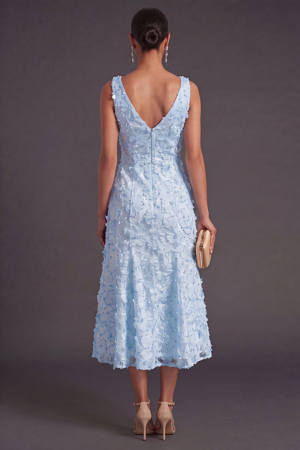 Blue Sparkly Floral V-Neck A Line Long Wedding Guest Dress with Beading