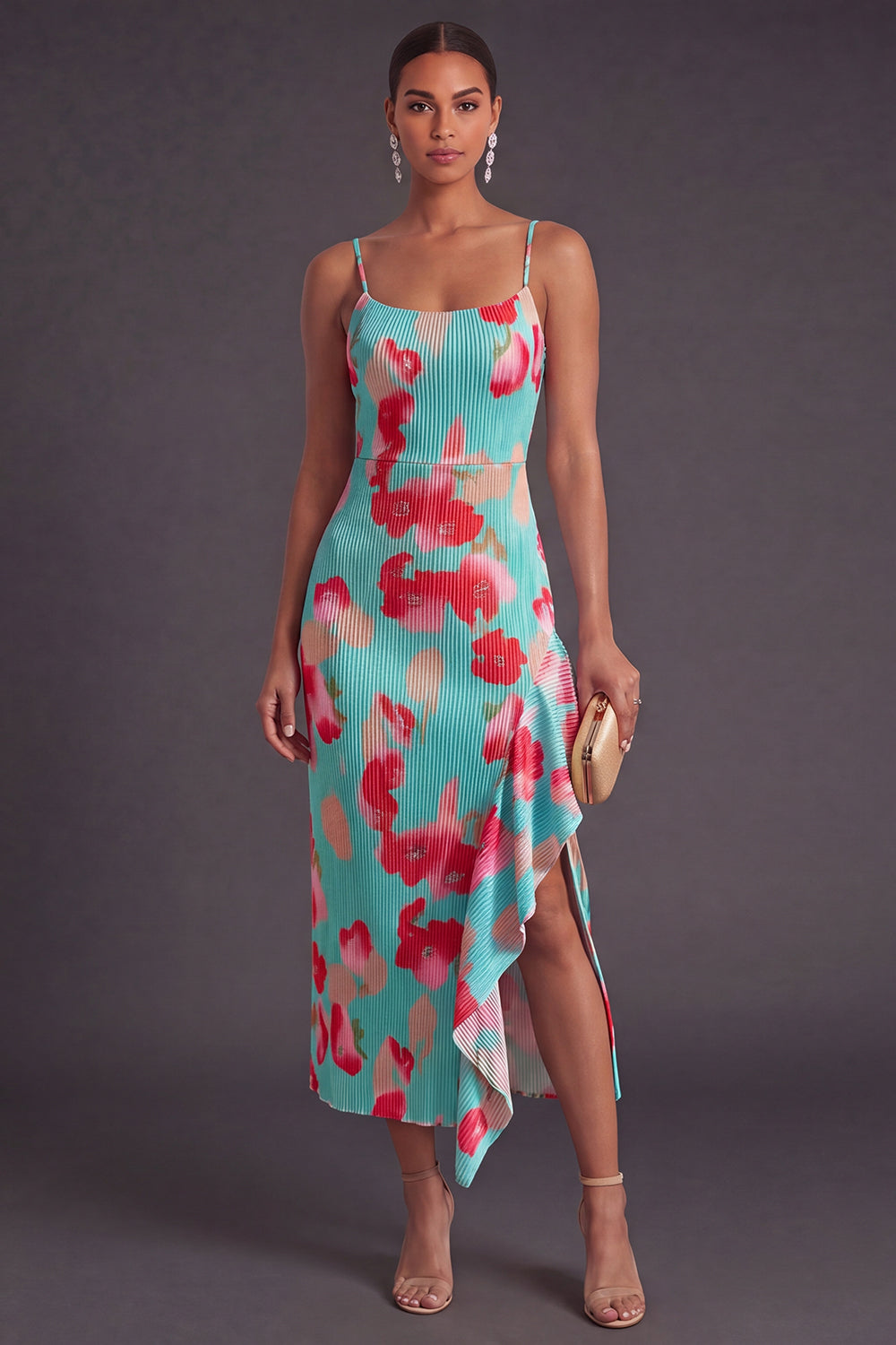 Green Red Floral Sheath Spaghetti Straps Ruffled Long Wedding Guest Dress with Slit