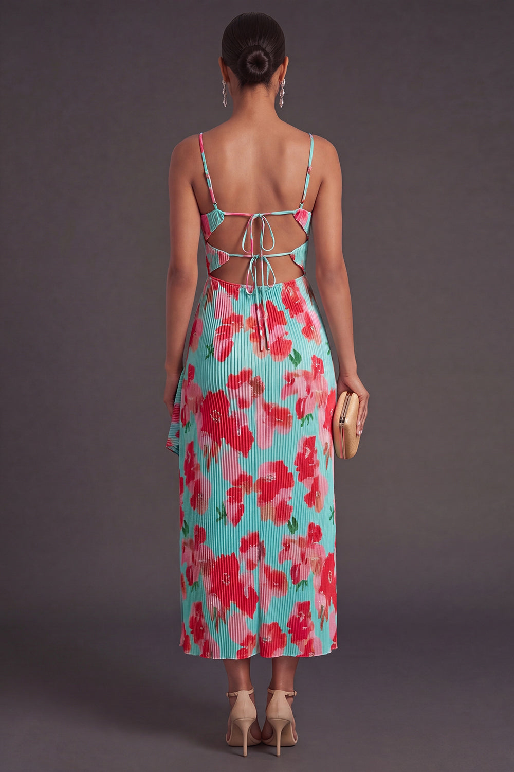 Green Red Floral Sheath Spaghetti Straps Ruffled Long Wedding Guest Dress with Slit