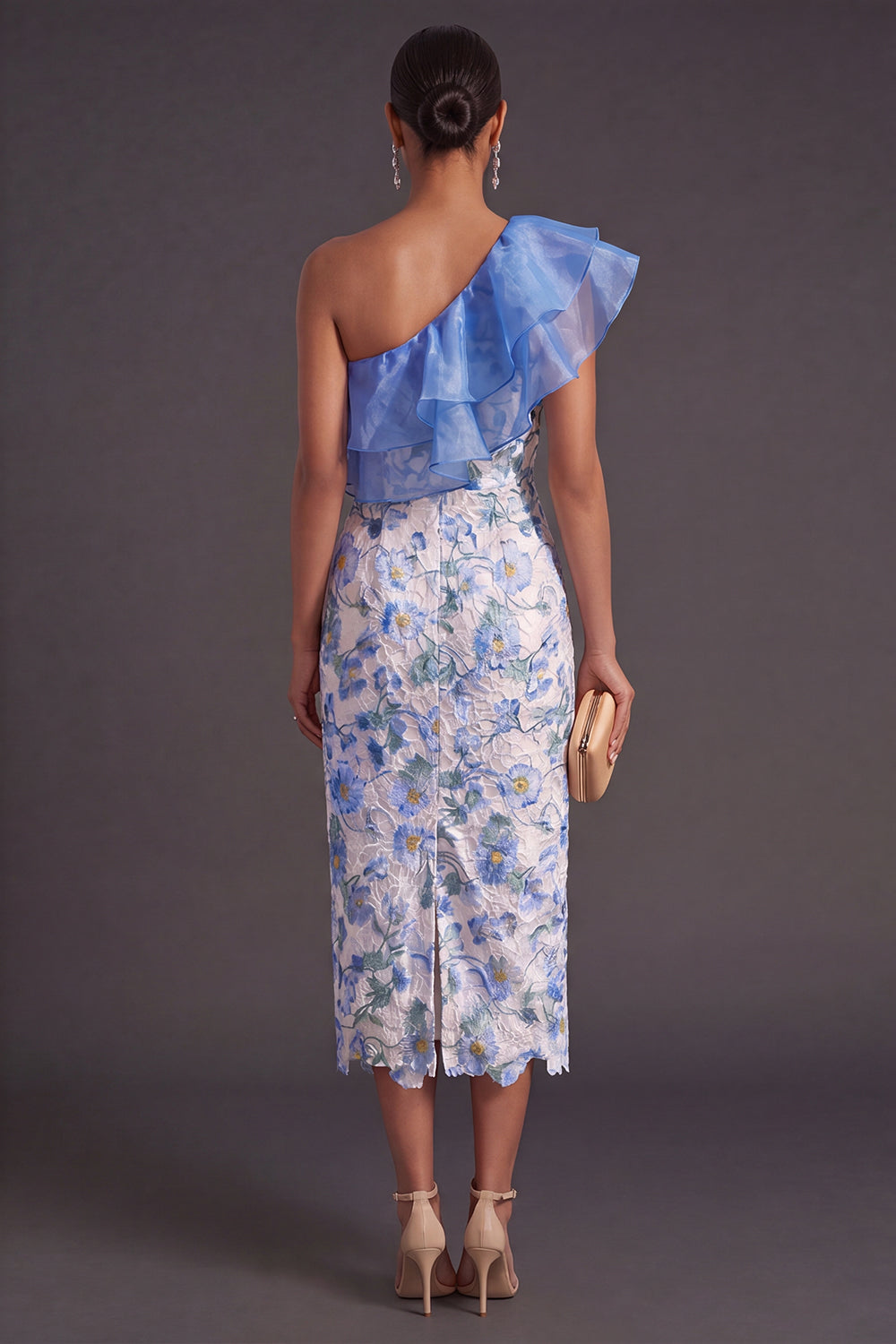 Blue Floral Sheath One Shoulder Ruffled Long Wedding Guest Dress with Slit