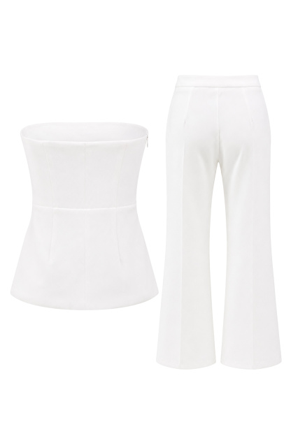 2 Piece White Double Breasted Strapless Business Suits with Pockets