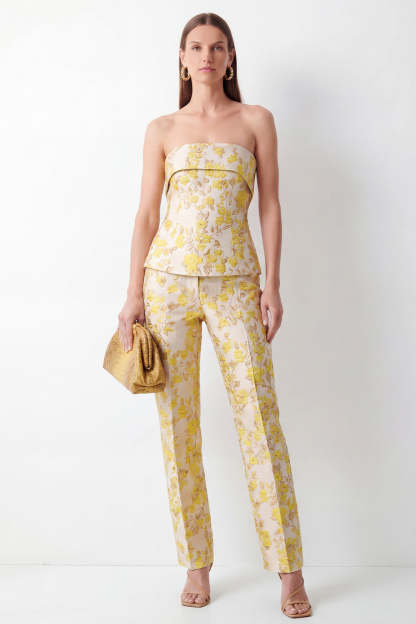 Leely Women Strapless 2 Piece Floral Yellow Business Suits Slim Fit Work Pantsuits