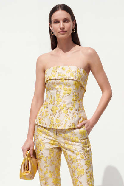 Slim Fit 2 Piece Strapless Yellow Floral Business Suits