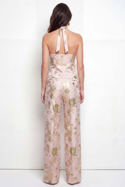 2 Piece Green Floral Single Breasted Business Suits with Pockets