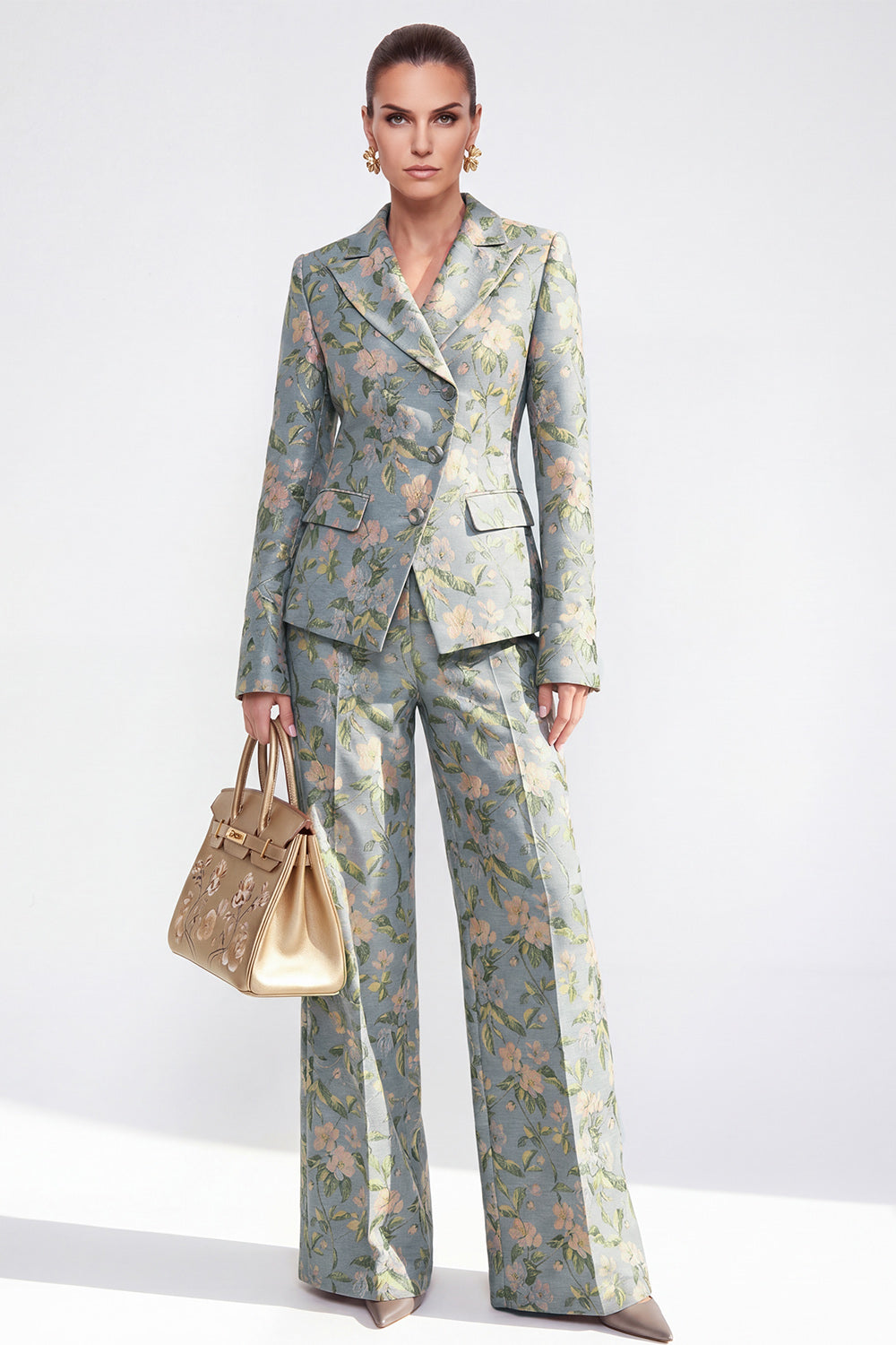 Single Breasted 2 Piece Grey Blue Floral Peak Lapel Business Suits