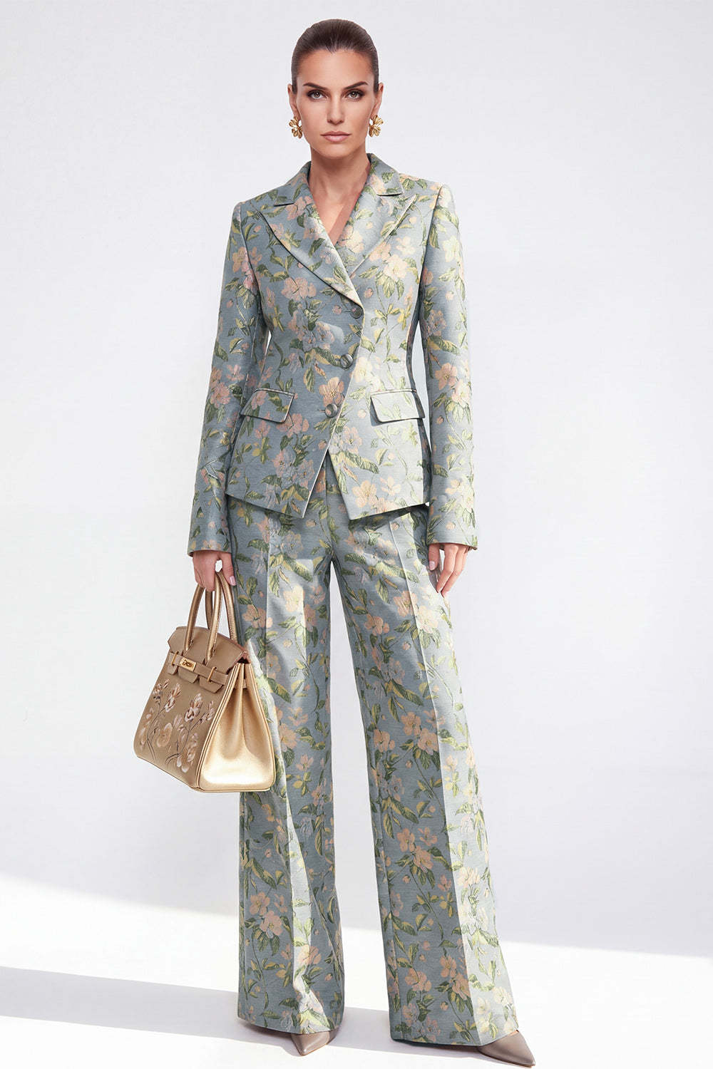 Single Breasted 2 Piece Grey Blue Floral Peak Lapel Business Suits