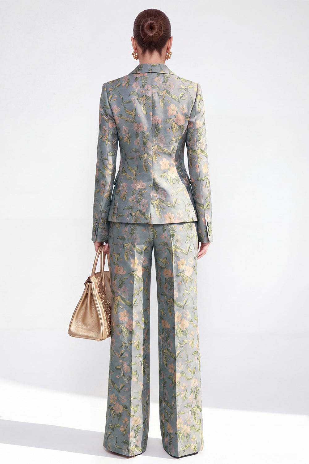 Single Breasted 2 Piece Grey Blue Floral Peak Lapel Business Suits