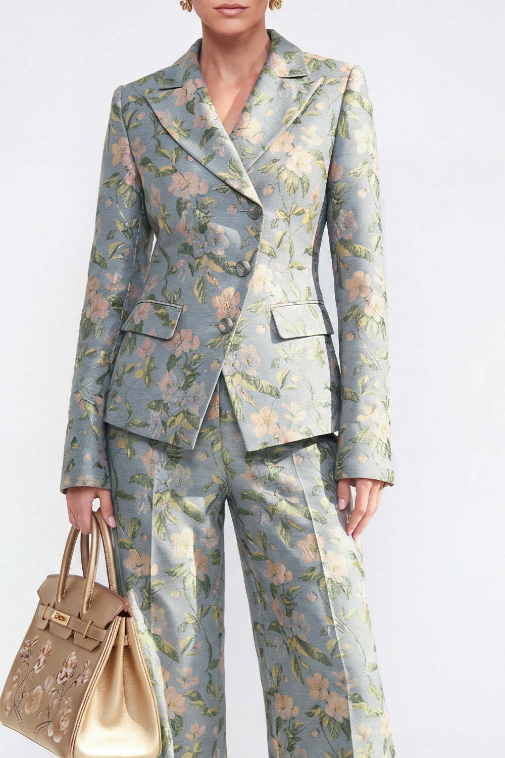 Single Breasted 2 Piece Grey Blue Floral Peak Lapel Business Suits