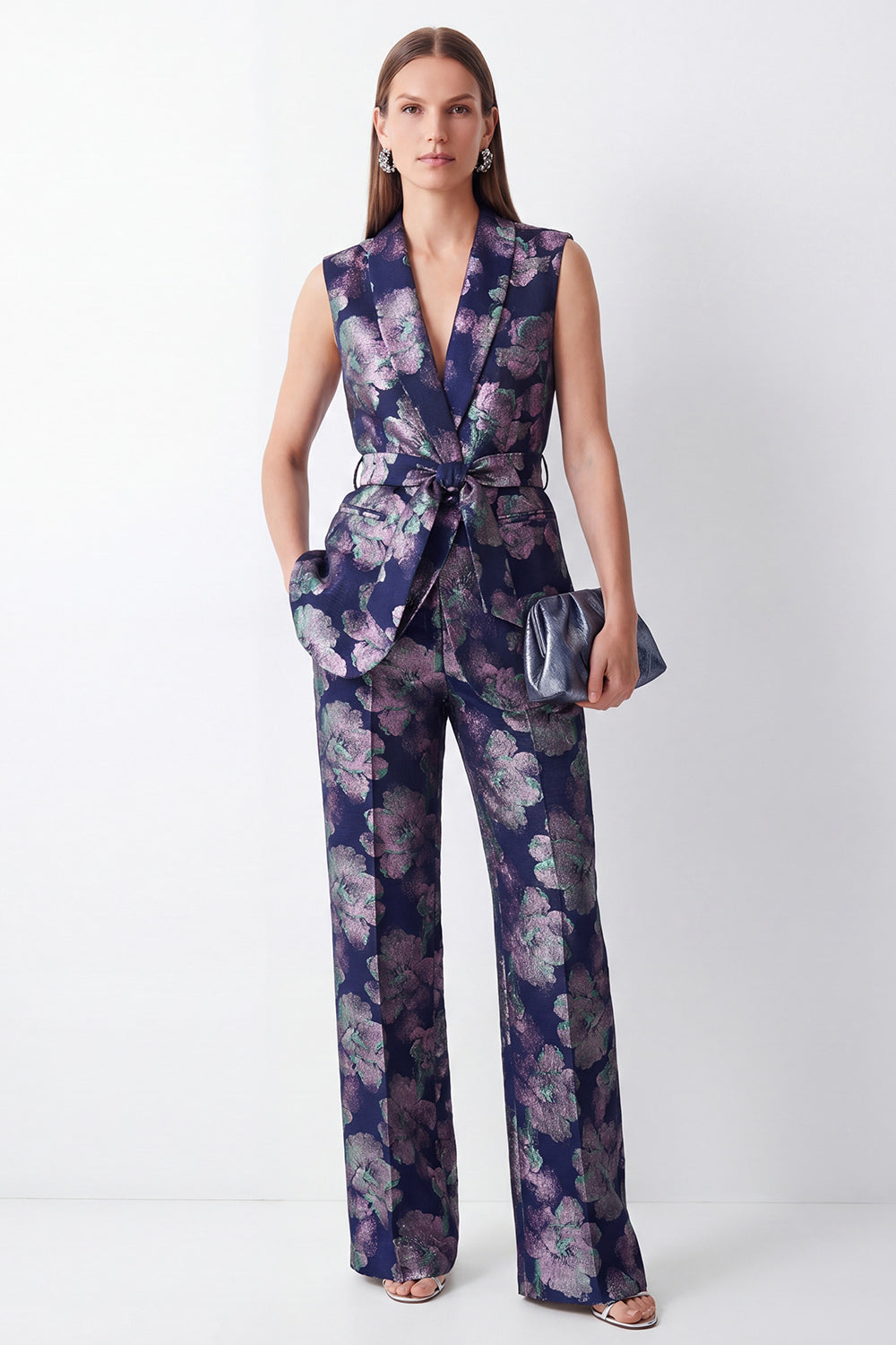 Shawl Lapel 2 Piece Navy Floral Business Suits with Pockets