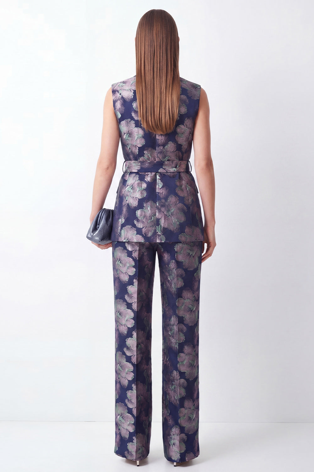 Shawl Lapel 2 Piece Navy Floral Business Suits with Pockets