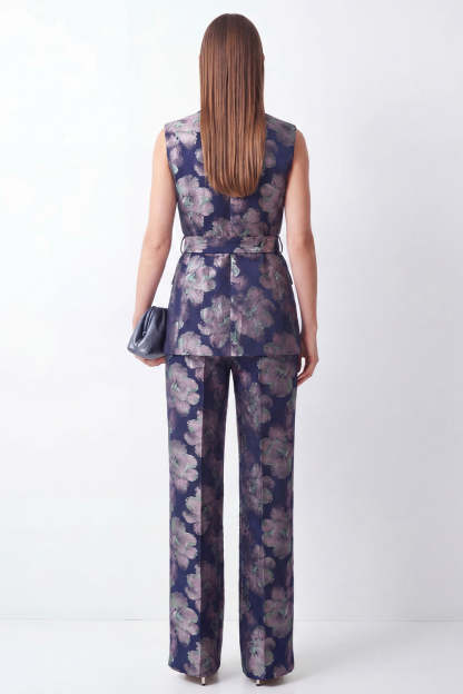 Shawl Lapel 2 Piece Navy Floral Business Suits with Pockets