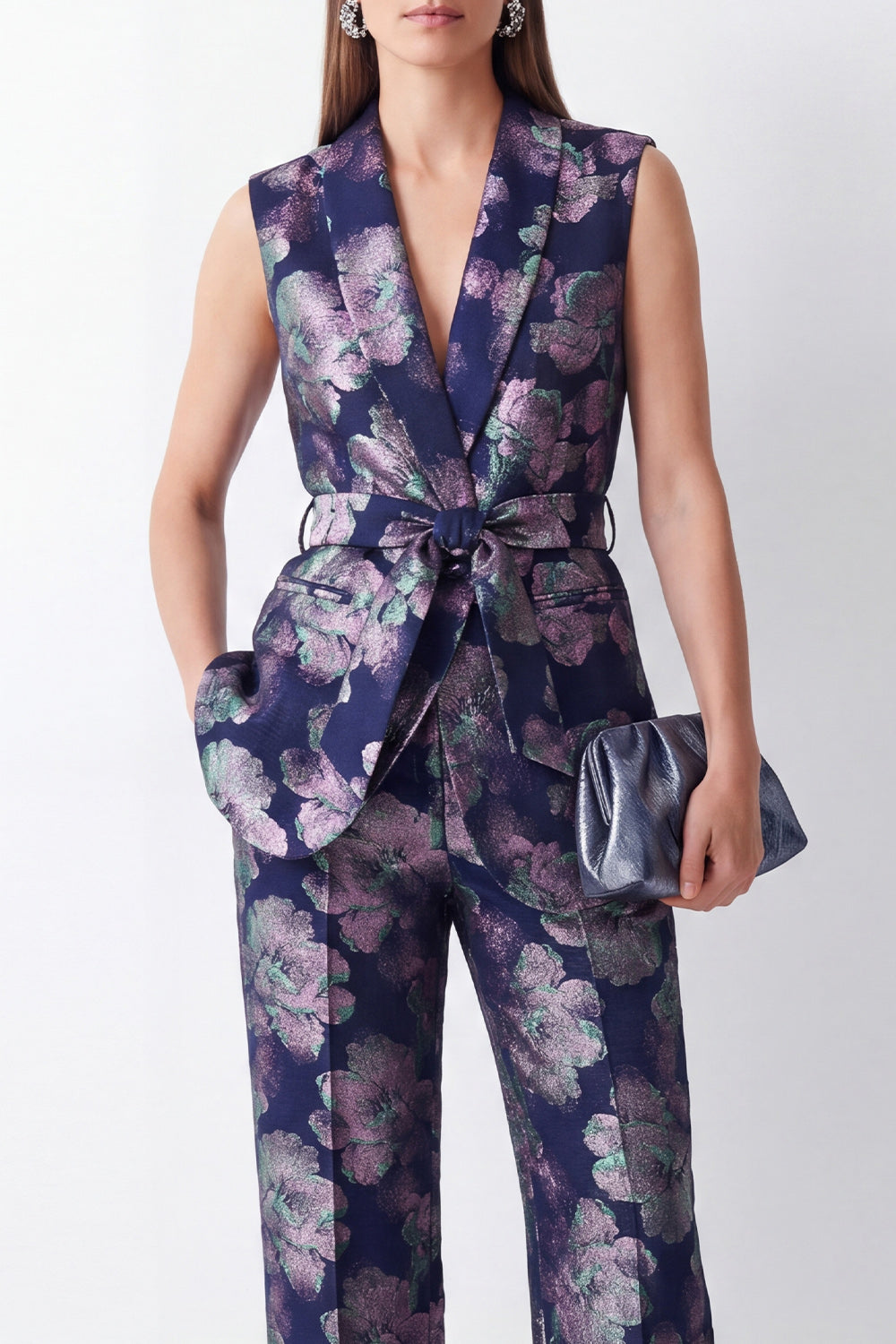 Shawl Lapel 2 Piece Navy Floral Business Suits with Pockets