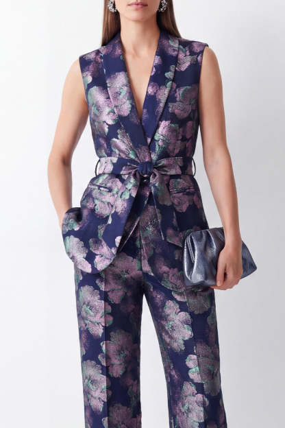 Shawl Lapel 2 Piece Navy Floral Business Suits with Pockets