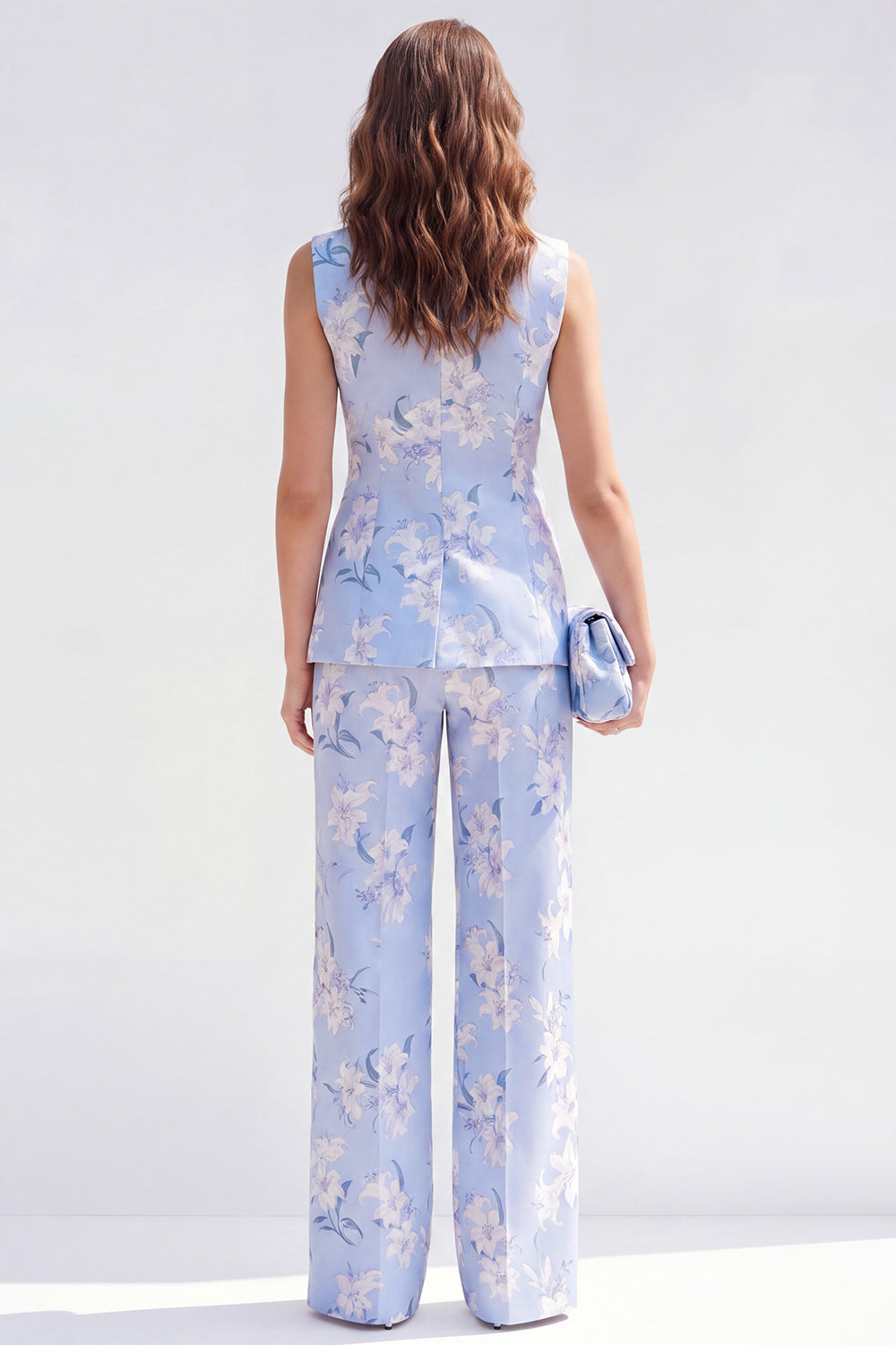2 Piece Shawl Lapel Blue Floral Single Breasted Business Suits with Pockets