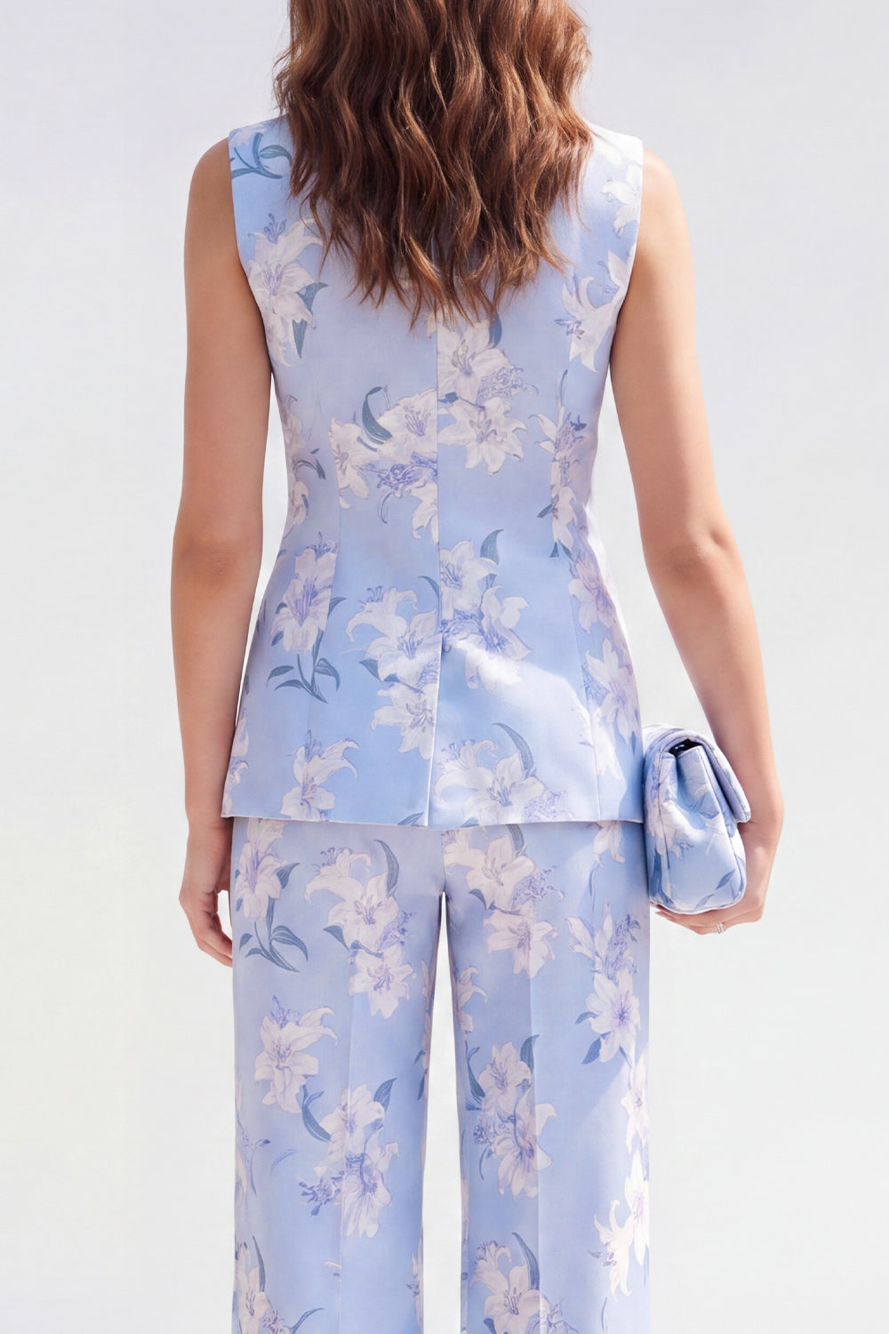 2 Piece Shawl Lapel Blue Floral Single Breasted Business Suits with Pockets