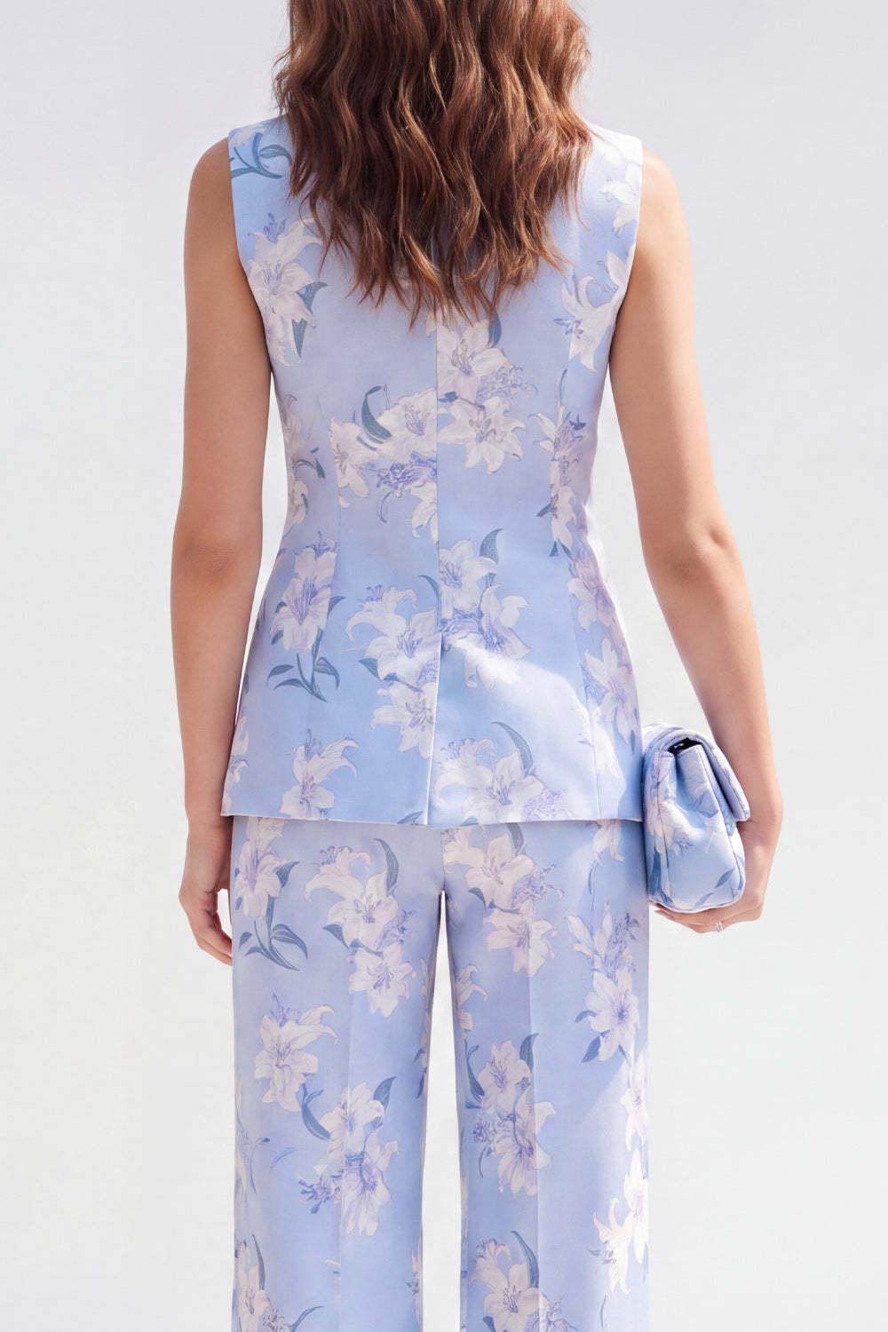 2 Piece Shawl Lapel Blue Floral Single Breasted Business Suits with Pockets