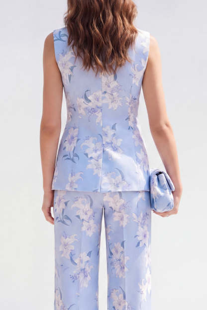 2 Piece Shawl Lapel Blue Floral Single Breasted Business Suits with Pockets