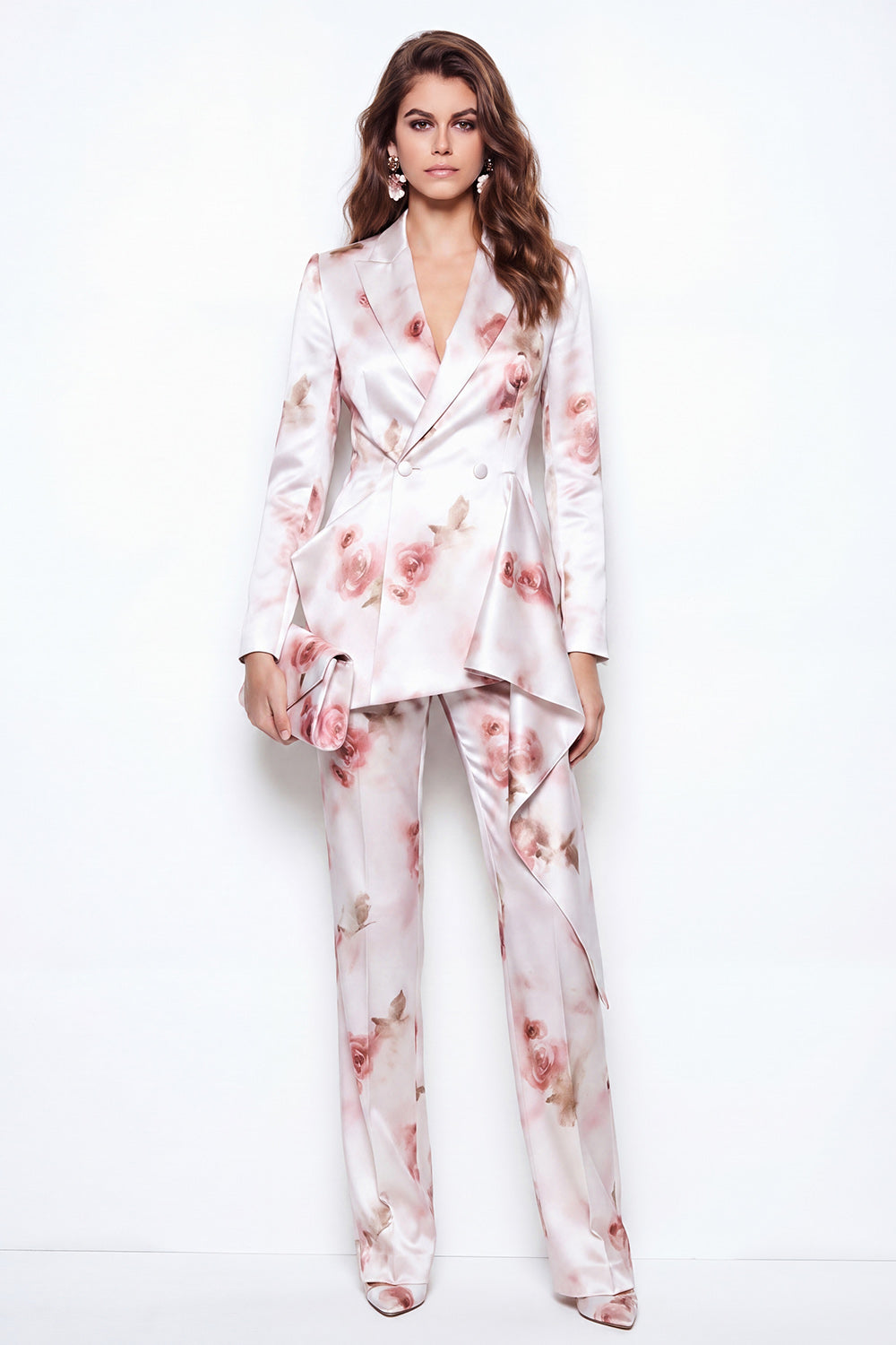 Peak Lapel White Red Flower 2 Piece Business Suits with Ruffles