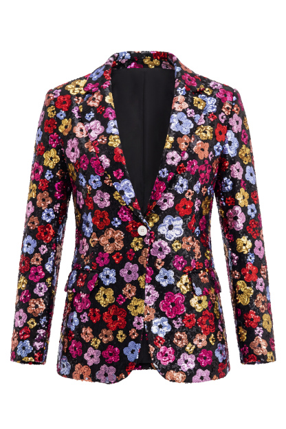 Single Breasted Black Floral 2 Piece Peak Lapel Business Suits with Pockets