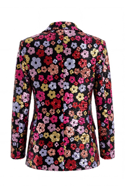 Single Breasted Black Floral 2 Piece Peak Lapel Business Suits with Pockets